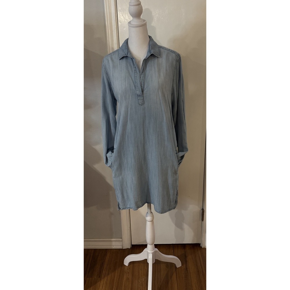 Cloth‎ and Stone Shirt Dress Size S V Neck Chambray Pockets Long Roll Tab Sleeve